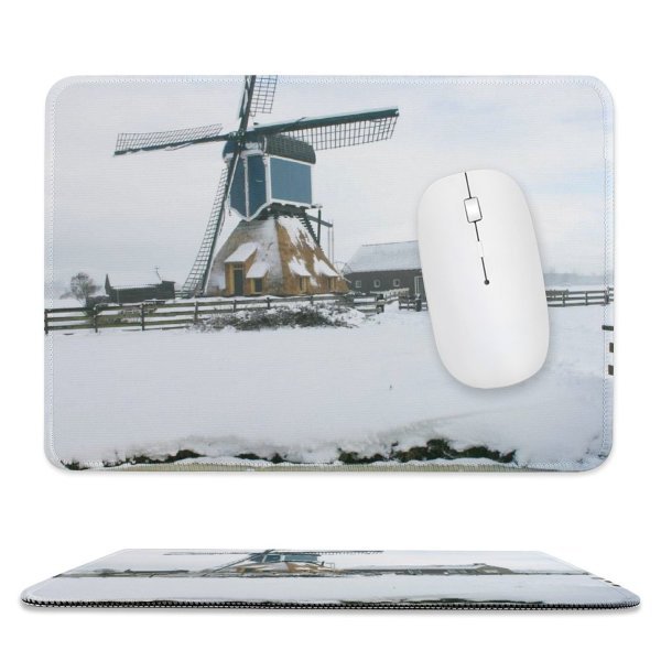 yanfind The Mouse Pad Building Mill Mill Sky Vehicle Ice Snow Arctic Winter Holland Windmill Wind Pattern Design Stitched Edges Suitable for home office game