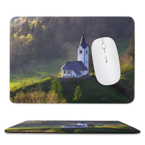 yanfind The Mouse Pad Mist Hill Catholic Morning Natural Atmospheric Church Landscape Sky Forest Sunshine Tree Pattern Design Stitched Edges Suitable for home office game