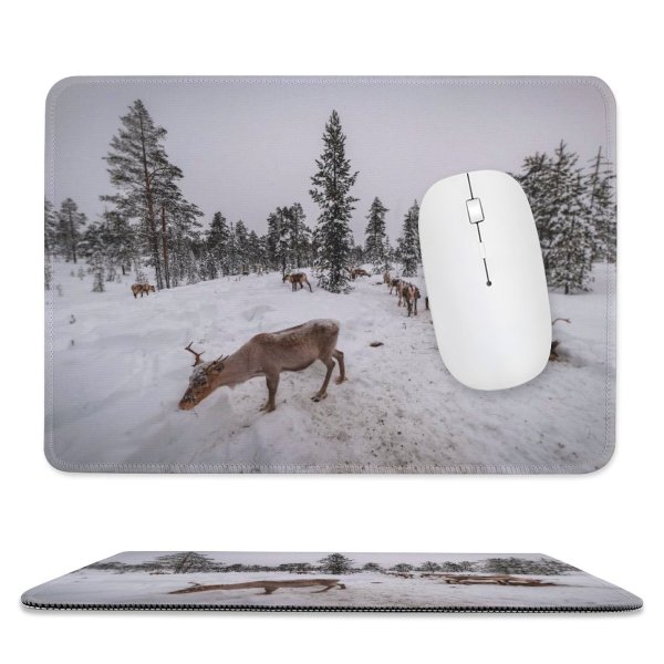 yanfind The Mouse Pad Frozen Daylight Freezing Deer Frost Coniferous Frosty Winter Outdoors Reindeer Scenic Woods Pattern Design Stitched Edges Suitable for home office game