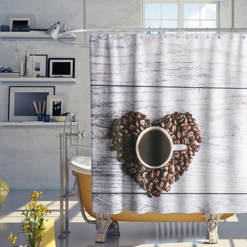 yanfind Coffee Beans Shaped in Heart Wood Theme Fabric Shower Curtain Sets Bathroom Decor with Hooks Waterproof Washable 72 x 72 inches Black and Grey