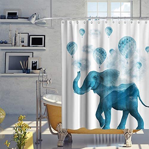 African Elephant Hot Air Balloon Theme Fabric Shower Curtain Sets Kids Bathroom Decor with Hooks Waterproof Washable 72 x 72 inches Blue White and Grey