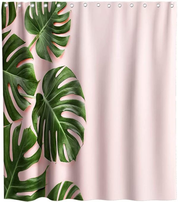 Tropical Plants Palm Leaf Abstract Exotic Monstera Theme Fabric Banana Leaves Shower Curtain Sets Kids Bathroom Home Decor with Hooks Waterproof Washable 72 x 72 inches Green and Pink