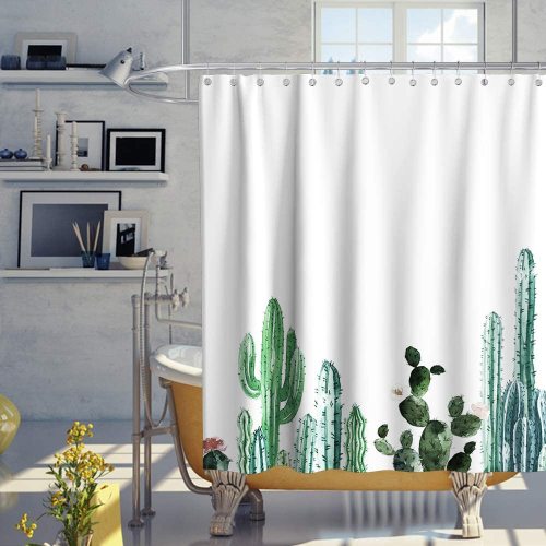 Cactus Shower Curtain Tropical Plant Floral Cartoon Succulent Theme Fabric Sets Bathroom Kids Flowers Decor with Hooks Waterproof Washable 70 x 70 inches Green and White