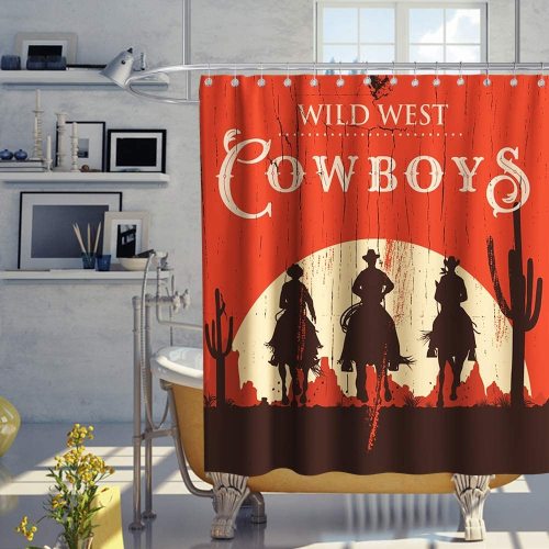 Western Dallas Horse Theme Fabric Tropical Plant Cactus Shower Curtain Sets Kids Bathroom Decor with Hooks Waterproof Washable 72 x 72 inches Red Black and White