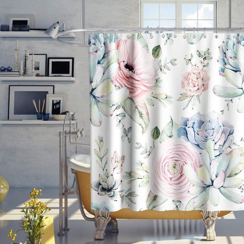 yanfind Cactus Flowers Shower Curtain Tropical Plant Succulent Cacti Floral Theme Fabric Kids Bathroom Decor Sets with Hooks Waterproof Washable 72 x 72 inches Pink Green and Blue
