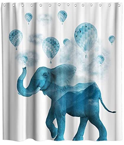 African Elephant Hot Air Balloon Theme Fabric Shower Curtain Sets Kids Bathroom Decor with Hooks Waterproof Washable 72 x 72 inches Blue White and Grey