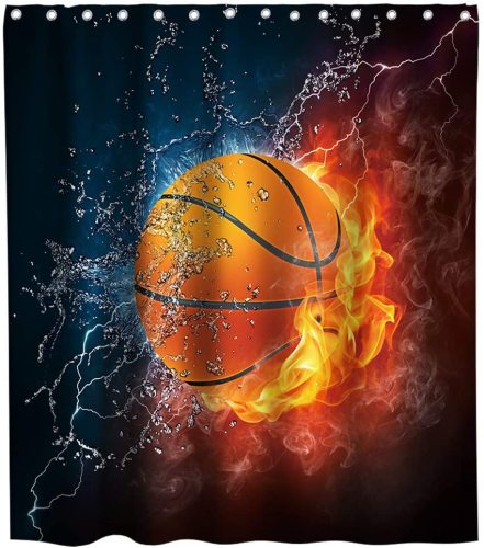Basketball Fire Flame Splashing Black and White Theme Fabric Boys Shower Curtain Sets Kids Bathroom Sports Decor Collection with Hooks Waterproof Washable 72 x 72 inches Red and Orange