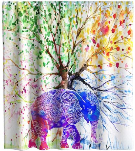 Colorful Tree Shower Curtain Spring Life of Tree Cartoon Elephant Indian Bohemian Boho Theme Fabric Bathroom Home Decor Sets with Hooks Waterproof Washable 72 x 72 inches Green Blue and Yellow