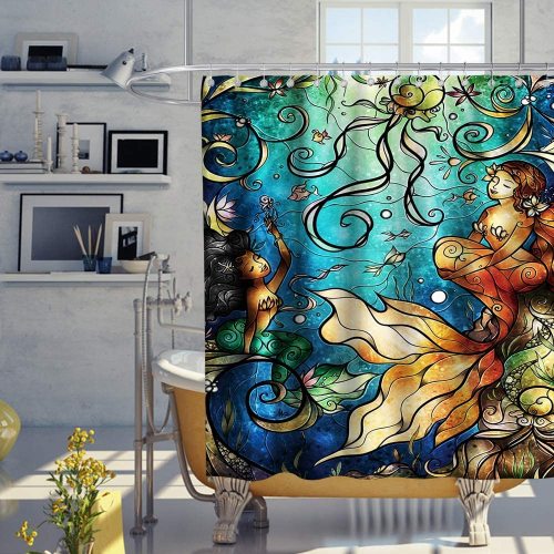 Nautical Mermaid Shower Curtain Ocean Animals Anime Vintage Art sea-Maid Theme Fabric Kids Bathroom Beach Decor Setswith Hooks Waterproof Washable 72 x 72 inches Gold Blue and Beige