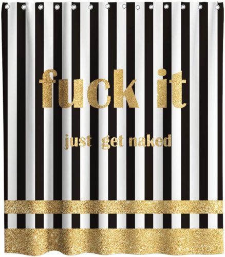 Gold Fuck IT Get Naked Shower Curtain Black and White Striped Pattern Art Print Theme Fabric Bathroom Home Decor Sets with Hooks Waterproof Washable 72 x 72 inches