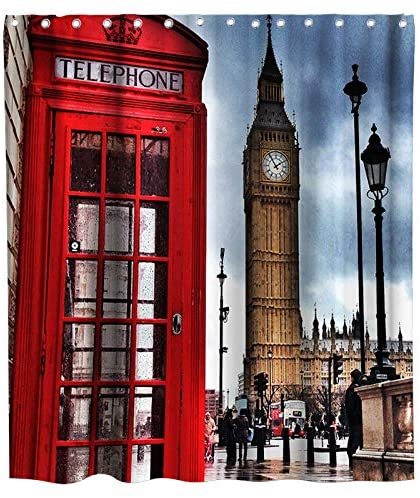 Romantic Shower Curtain England Big Ben Phone Box Theme Cloth Fabric Kids Bathroom Decor with Hooks Waterproof Washable 72 x 72 inches Red Brown and White