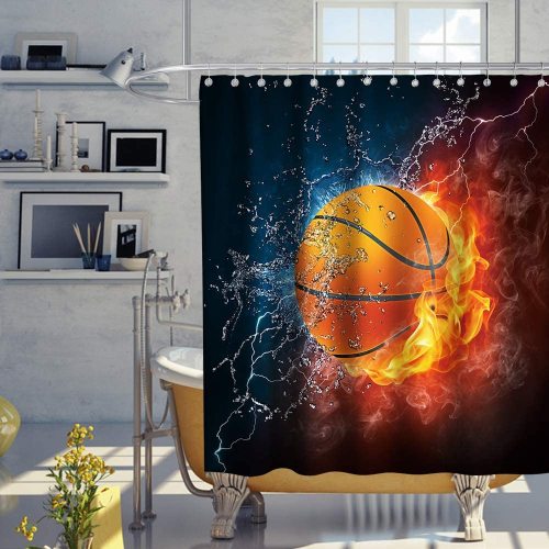 Basketball Fire Flame Splashing Black and White Theme Fabric Boys Shower Curtain Sets Kids Bathroom Sports Decor Collection with Hooks Waterproof Washable 72 x 72 inches Red and Orange