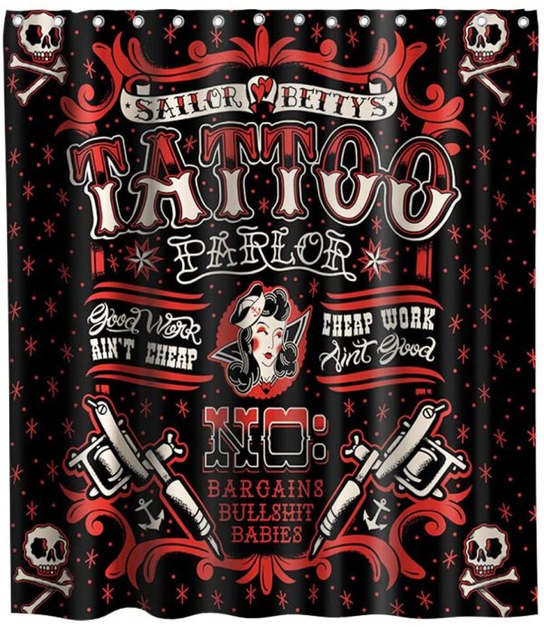 Vintage Punk Style Tattoo Pirate Sailor Bettys Skull Funny Theme Fabric Tattoo Shower Curtain Sets Kids Bathroom Halloween Decor with Hooks Waterproof Washable 70 x 70 inches Red and Black