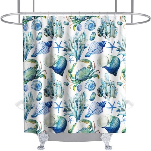 Seashell Starfish Shower Curtain Coral Nautical Crab Conch Seafaring Tropical Ocean Animal Theme Fabric Bathroom Sets Decor with Hooks Waterproof Washable 72 x 72 inches Turquoise Teal Blue and White