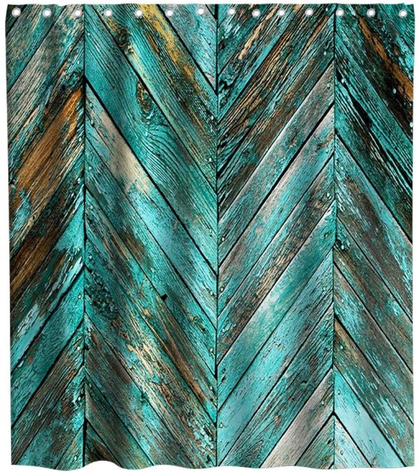 Farm House Shower Curtain Rustic Wooden Vintage Chevron Zig Zag Striped Pattern on Board Plank Theme Fabric Bathroom Fantastic Barn Door Decor Sets with Hooks Waterproof Washable 72 x 72 inches Teal