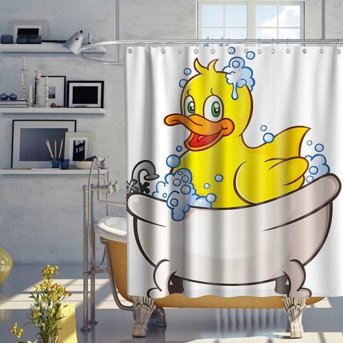 Funny Cute Yellow Squeak Rubber Ducky Cartoon Character Taking a Bath Theme Fabric Shower Curtain Sets Kids Bathroom Decor with Hooks Waterproof Washable 72 x 72 inches Orange Blue and White