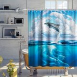 Dolphin Shower Curtain Ocean Wave Clouds Sea Theme Fabric Kids Bathroom Sets Decor with Hooks Waterproof Washable 72 x 72 inches Deep Blue Grey and White