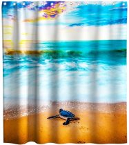 yanfind Sea Turtle Beach Ocean Animal Theme Fabric Shower Curtain Sets Kids Bathroom Decor with Hooks Waterproof Washable 72 x 72 inches Blue Beige and Black