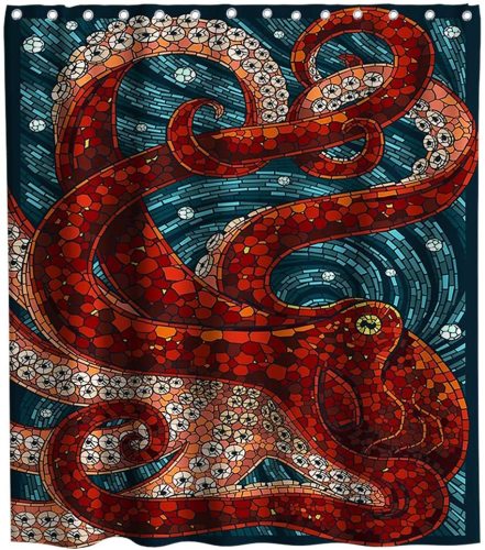Octopus Shower Curtain Sea Monster Ocean Theme Fabric Bathroom Home Decorative Decor Sets with Hooks Waterproof Washable 72 x 72 inches Red Navy and White
