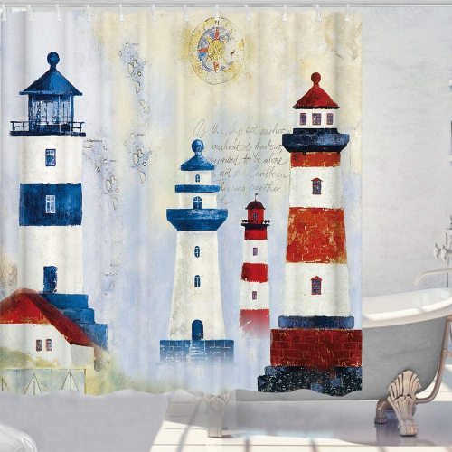 Nautical Lighthouse Retro Theme Fabric Shower Curtain Sets Bathroom Decor with Hooks Waterproof Washable 72 x 72 inches Blue Red and White