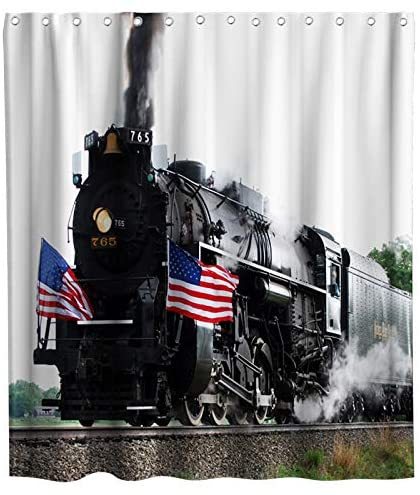 Steam Engine Train on Railroad Track Vintage 1960s Retro Theme Fabric Black and White Shower Curtain Sets Kids Bathroom Decor with Hooks Waterproof Washable 72 x 72 inches Blue and Red
