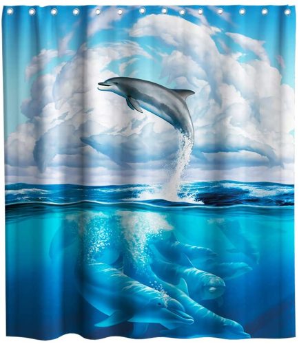 Dolphin Shower Curtain Ocean Wave Clouds Sea Theme Fabric Kids Bathroom Sets Decor with Hooks Waterproof Washable 72 x 72 inches Deep Blue Grey and White