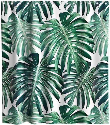 Palm Shower Curtain Tropical Leaves Theme Fabric Kids Bathroom Sets Decor with Hooks Waterproof Washable 72 x 72 inches Green and White