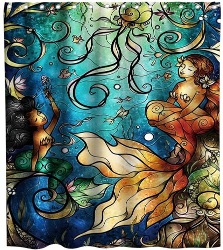 Nautical Mermaid Shower Curtain Ocean Animals Anime Vintage Art sea-Maid Theme Fabric Kids Bathroom Beach Decor Setswith Hooks Waterproof Washable 72 x 72 inches Gold Blue and Beige