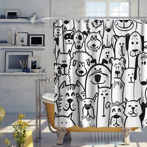 Funny Cute Dog Sheep Lovely Animals Cat Theme Fabric Black and White Shower Curtain Sets Kids Bathroom Decor with Hooks Waterproof Washable 72 x 72 inches