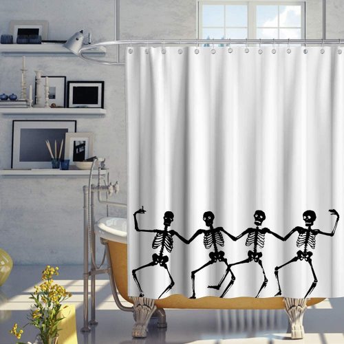 Sugar Skull Theme Fabric Funny Dancing Skeleton Shower Curtain Sets Kids Bathroom Halloween Decor with Hooks Waterproof Washable 70 x 70 inches Black and White