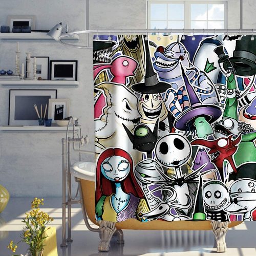 Nightmare Before Christmas Shower Curtain Halloween Skull Theme Fabric Kids Bathroom Decor Sets with Hooks Waterproof Washable 72 x 72 inches Purple Black and White