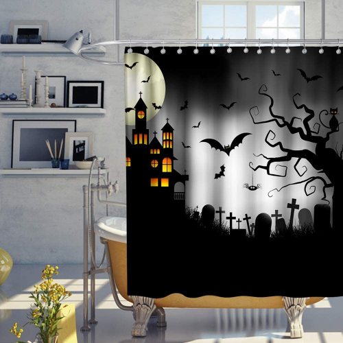 Nightmare Before Christmas Moonlight Madness Theme Fabric Vampire Shower Curtain Sets Kids Bathroom Halloween Decor with Hooks Waterproof Washable 72 x 72 inches Orange Black and White