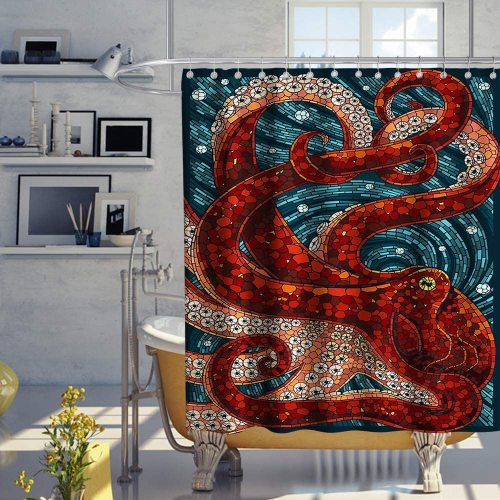 Octopus Shower Curtain Sea Monster Ocean Theme Fabric Bathroom Home Decorative Decor Sets with Hooks Waterproof Washable 72 x 72 inches Red Navy and White