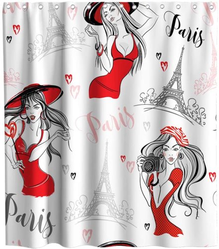 Paris Romantic Woman Theme Fabric Shower Curtain Sets Bathroom Decor with Hooks Waterproof Washable 72 x 72 inches Red Black and White