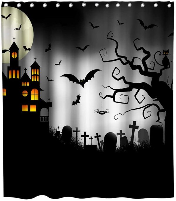Nightmare Before Christmas Moonlight Madness Theme Fabric Vampire Shower Curtain Sets Kids Bathroom Halloween Decor with Hooks Waterproof Washable 72 x 72 inches Orange Black and White