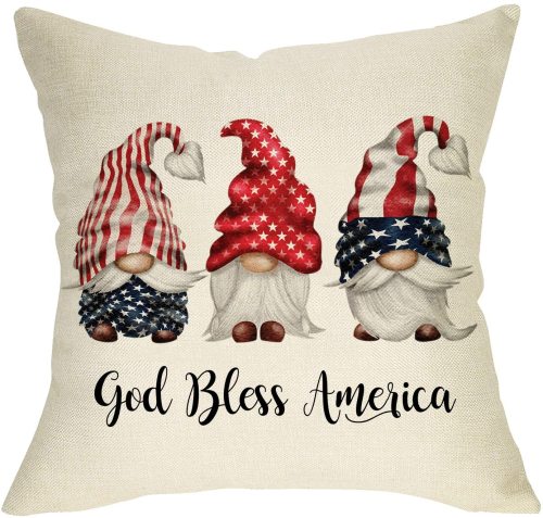 Yanfind God Bless America Gnome Decorative Throw Pillow Cover, Red White Blue Patriotic USA July 4th Star Stripe Cushion Case, Summer Home Decoration Sign Outside Pillowcase Decor for Sofa Couch 18x18