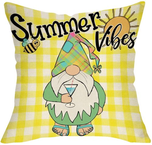 Yanfind Summer Vibes Gnome Decorative Throw Pillow Cover, Yellow Buffalo Plaid Check Bee Cushion Case, Farmhouse Seasonal Home Decorations Cotton Linen Outside Pillowcase Decor for Sofa Couch 18 x 18