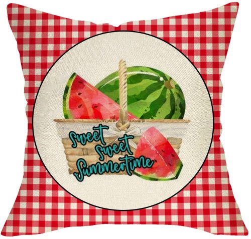 Yanfind Sweet Summertime Decorative Farmhouse Throw Pillow Cover, Summer Red Buffalo Plaid Check Cushion Case, Watermelon Home Decorations Cotton Linen Outside Pillowcase Decor Sign for Couch 18 x 18
