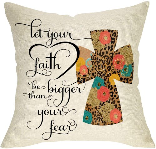 Yanfind Leopard Cross Decorative Throw Pillow Cover, Let Your Faith Be Bigger Than Your Fear Sign Cushion Case, Spring Summer Home Decorations Easter Religious Farmhouse Decor for Sofa Couch 18 x 18
