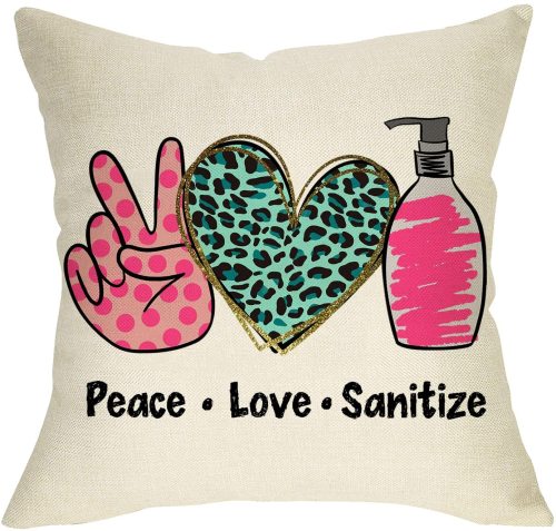 Yanfind Peace Love Sanitize Decorative Throw Pillow Cover, Funny Social Distancing Quarantine Sign Cushion Case, Leopard Spring Home Decorations Outside Pillowcase Farmhouse Decor for Sofa Couch 18x18