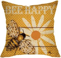 Yanfind Rustic Bee Happy Sunflower Pillow Cover Farmhouse Décor Spring Summer Sign Cushion Case Decorative for Sofa Couch 18  x 18  Inch Cotton Linen