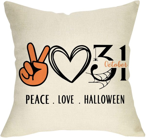 Yanfind Peace Love Halloween Decorative Throw Pillow Cover, October 31 Spider Web Cushion Case, Fall Autumn Farmhouse Home Decoration Cotton Linen Square Pillowcase Decor for Sofa Couch 18 x 18