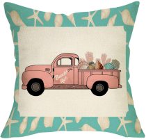 Yanfind Summer Pink Truck Decorative Throw Pillow Cover, Blue Beach Life Ocean Shell Starfish Cushion Case, Marine Life Home Decorations Cotton Linen Outside Pillowcase Decor for Sofa Couch 18 x 18
