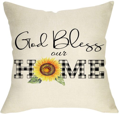 Yanfind God Bless Our Home Decorative Farmhouse Throw Pillow Cover, Buffalo Plaid Check Sunflower Spring Summer Sign Cushion Case, Flower Home Decoration Outside Pillowcase Decor for Sofa Couch 18x18