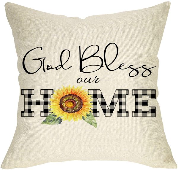 Yanfind God Bless Our Home Decorative Farmhouse Throw Pillow Cover, Buffalo Plaid Check Sunflower Spring Summer Sign Cushion Case, Flower Home Decoration Outside Pillowcase Decor for Sofa Couch 18x18