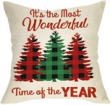 Yanfind It's the Most Wonderful Time of the Year Christmas Throw Pillow Cover, Decorative Xmas Tree Cushion Case Buffalo Plaid Home Winter Square Pillowcase Decor for Sofa Couch 18’’ x 18’’ Inch Linen