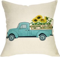 Yanfind Summer Farmhouse Throw Pillow Cover Vintage Sunflower Truck Decoration Sign Home Decor Cushion Case Decorative for Sofa Couch 18  x 18  Inch Cotton Linen