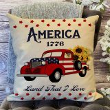 Yanfind July 4th America 1776 Decorative Throw Pillow Cover, Red Truck Sunflower Stars Cushion Case, Patriotic USA Home Decoration Cotton Linen Outside Pillowcase Farmhouse Decor Sign for Couch 18x18