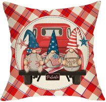 Yanfind Happy 4th of July Gnome Decorative Farmhouse Throw Pillow Cover, Patriotic Red Truck Buffalo Plaid Check Cushion Case, Summer America USA Home Decorations Pillowcase Decor for Sofa Couch 18x18