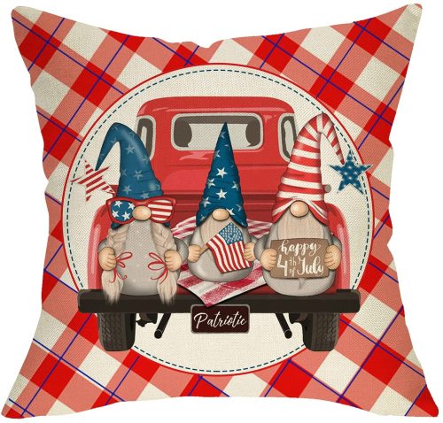 Yanfind Happy 4th of July Gnome Decorative Farmhouse Throw Pillow Cover, Patriotic Red Truck Buffalo Plaid Check Cushion Case, Summer America USA Home Decorations Pillowcase Decor for Sofa Couch 18x18